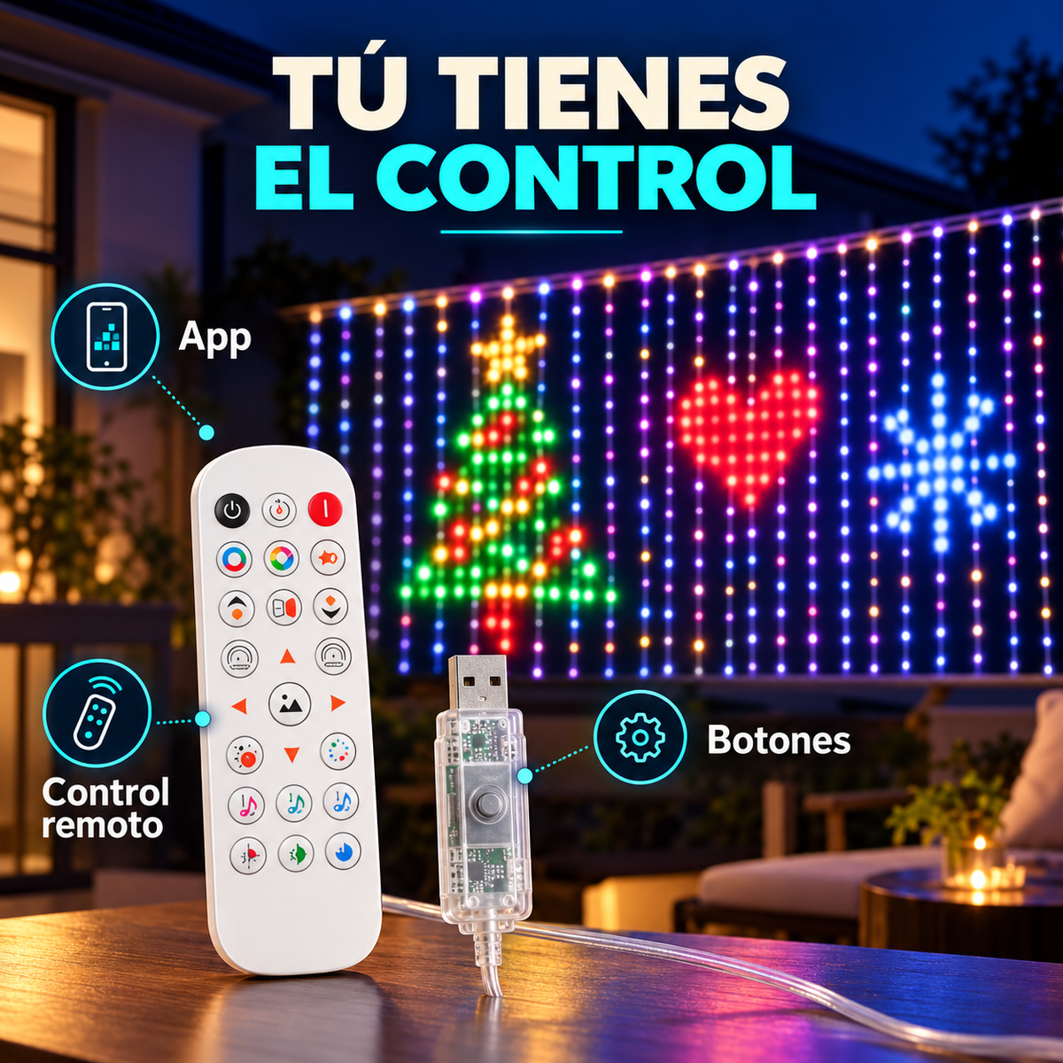 Cortina de Luces LED Inteligente RGB con App y Control Remoto